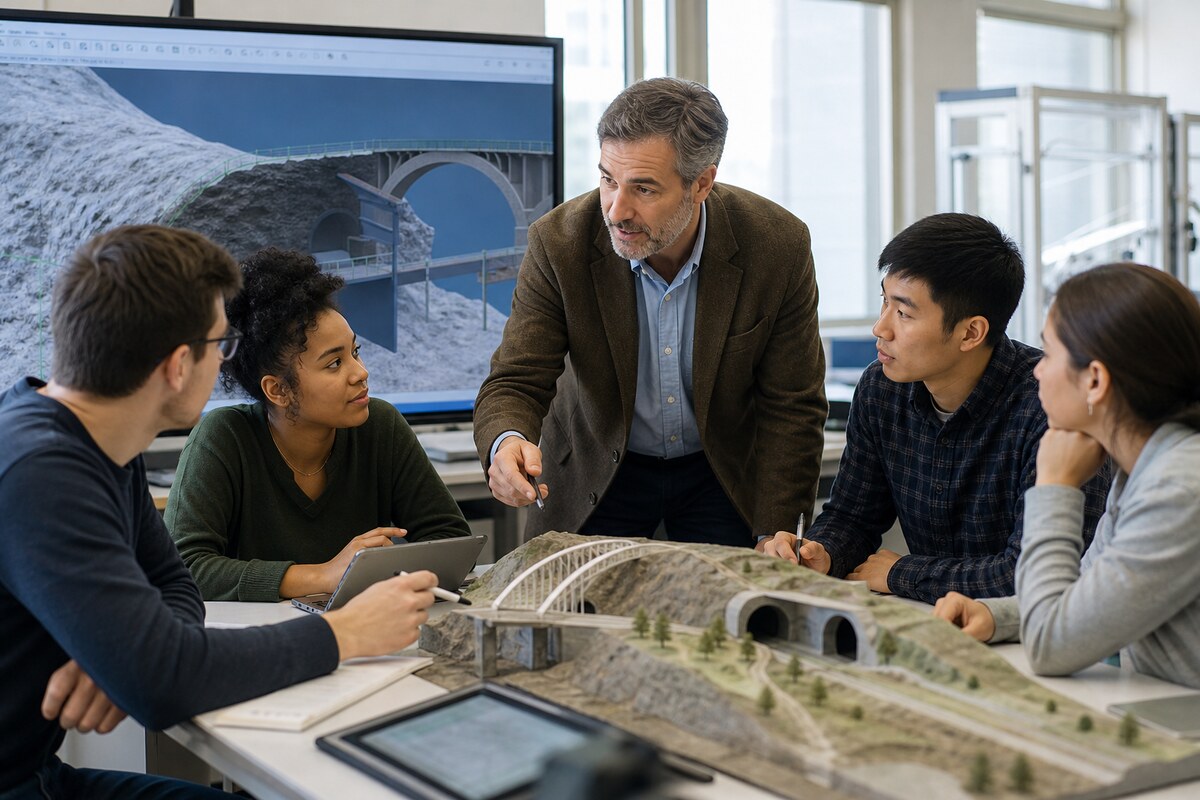 Engineering students collaborating around a digital model